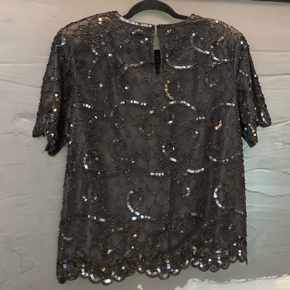 VTG Women's NIGHT VOGUE Shimmering Blk Sequin Beaded Short Sleeve Lined Top Sz M - Picture 6 of 11